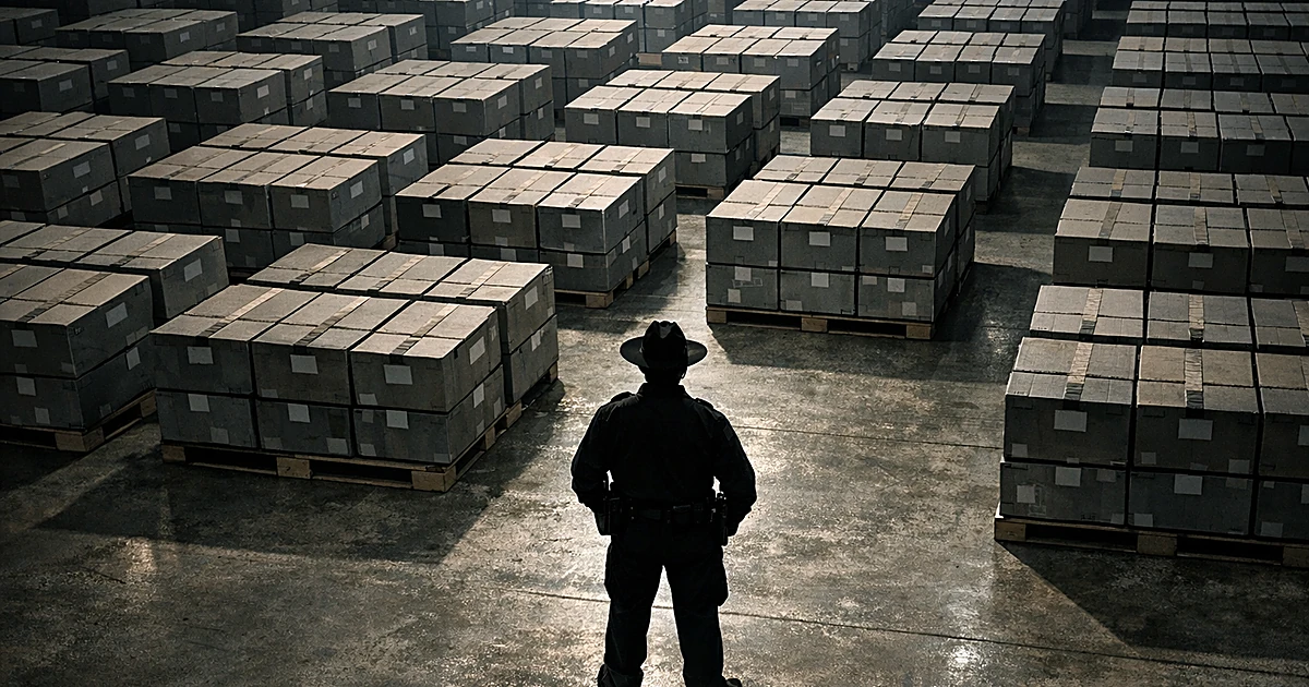 Overhead view of numerous ballot boxes in warehouse with silhouetted sheriff figure standing among them