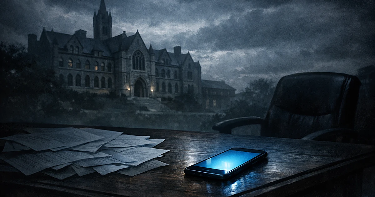 University building in shadow with glowing smartphone on desk in foreground under stormy sky