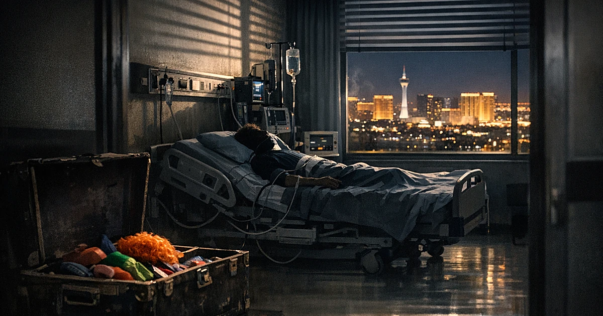 Hospital room with silhouetted patient in bed, medical equipment, prop trunk, and Las Vegas skyline visible through window
