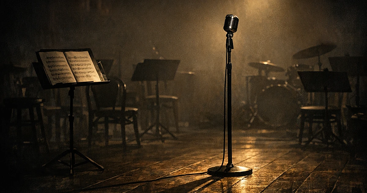 Empty jazz stage with vintage microphone in spotlight, sheet music stand, and silhouetted chairs in darkened club