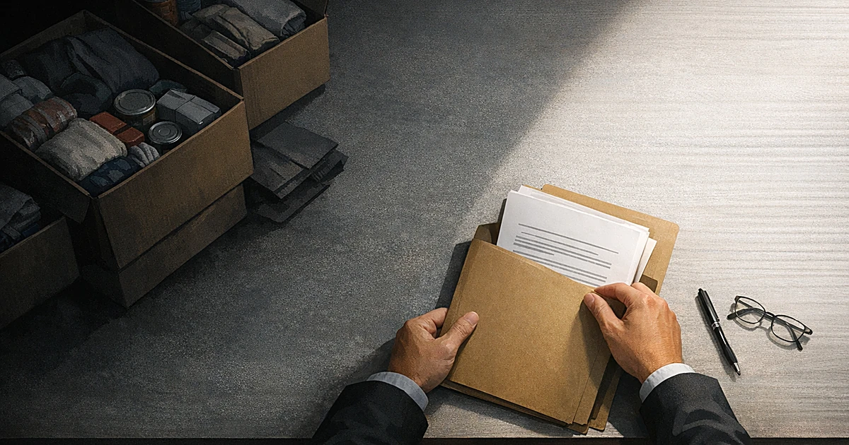 Hands withdrawing document from desk while donation boxes sit in shadow, illustrating policy reversal