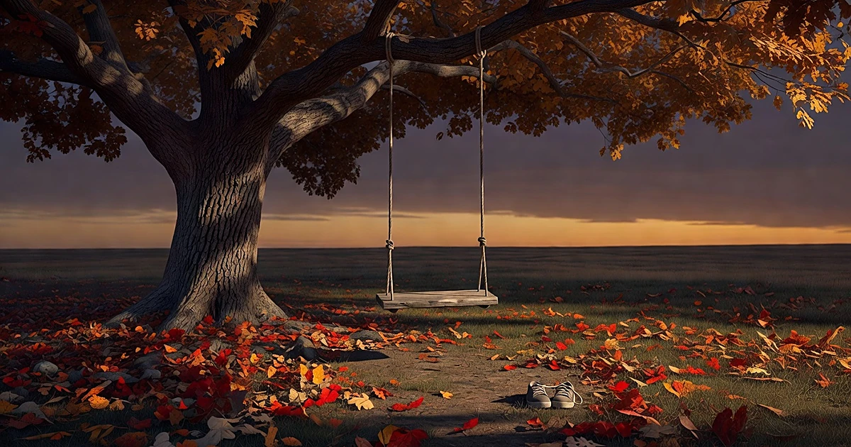 Empty swing hanging from tree at dusk with fallen leaves and small sneakers on grass, conveying loss and absence