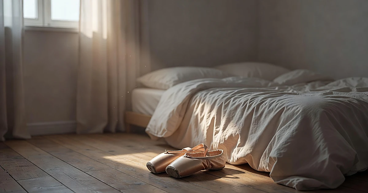 Ballet shoes on bedroom floor in soft sunlight, suggesting absence and loss in a child's room