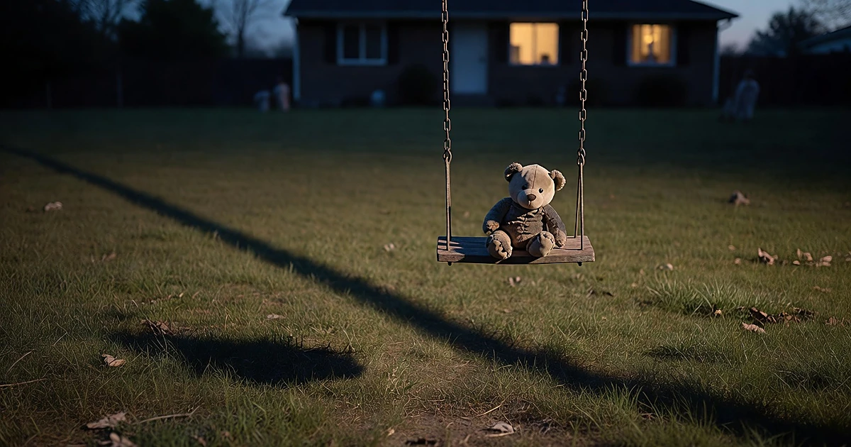 Empty swing with stuffed animal at dusk in backyard, house silhouette glowing in background