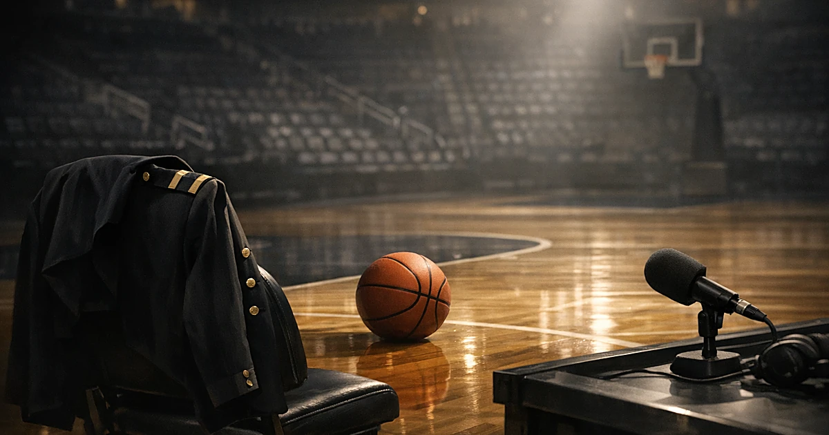 Basketball on empty court with military uniform jacket on chair and broadcast microphone, lit dramatically from above