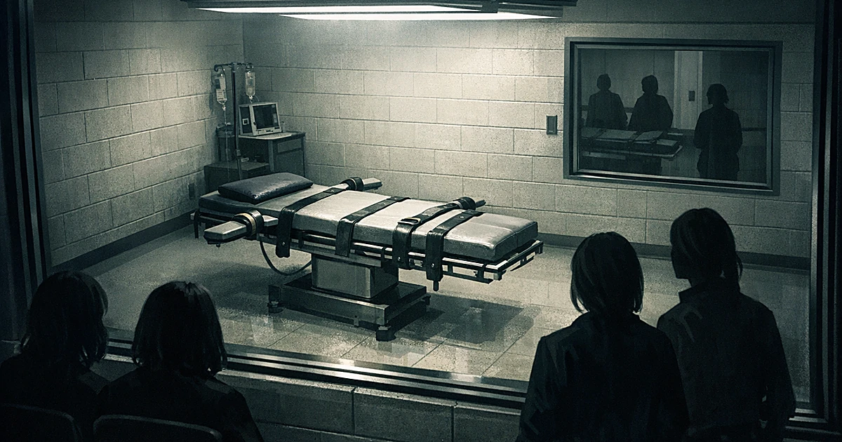 Empty execution chamber with gurney and restraints under fluorescent lighting, viewed through observation window
