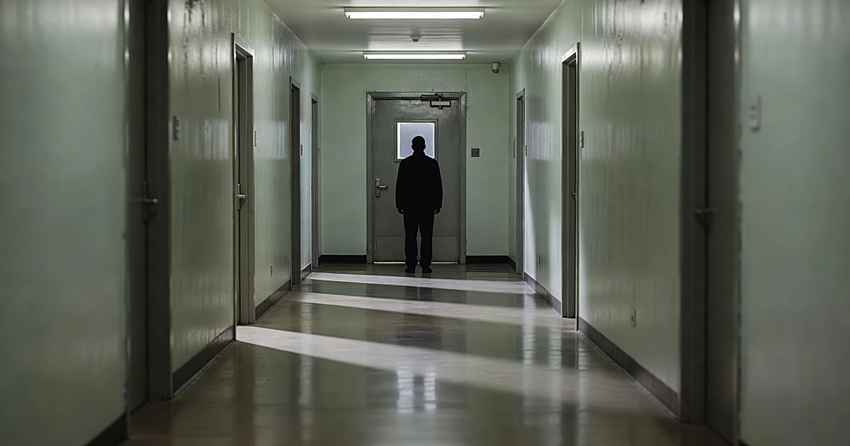 Empty institutional corridor with steel door and silhouetted figure standing at the end facing away