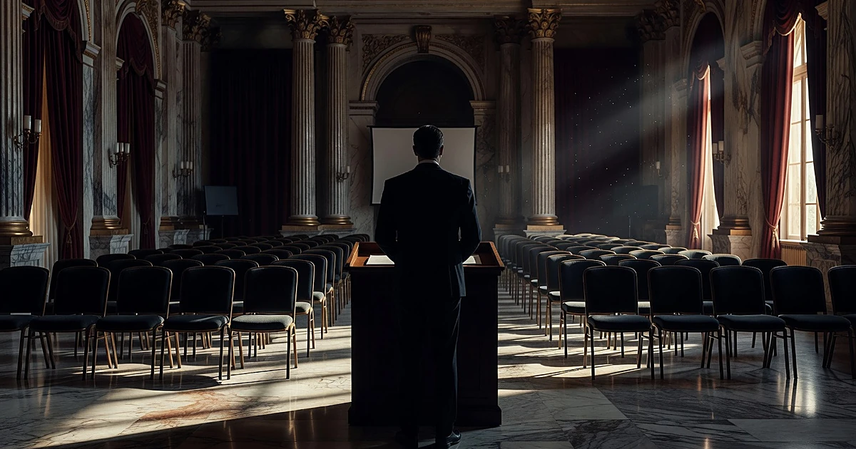 Silhouetted figure at podium facing empty press briefing chairs in formal government room with dramatic lighting