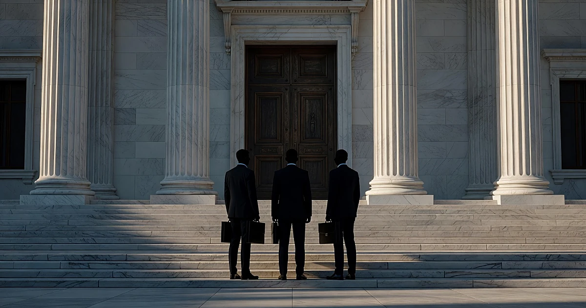 Three silhouetted figures with briefcases stand before closed doors of a columned government building