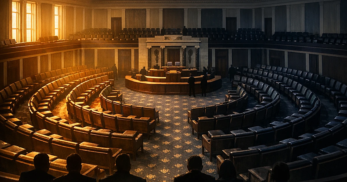 House chamber interior with empty seats, left side illuminated in warm light, right side in shadow, showing power shift