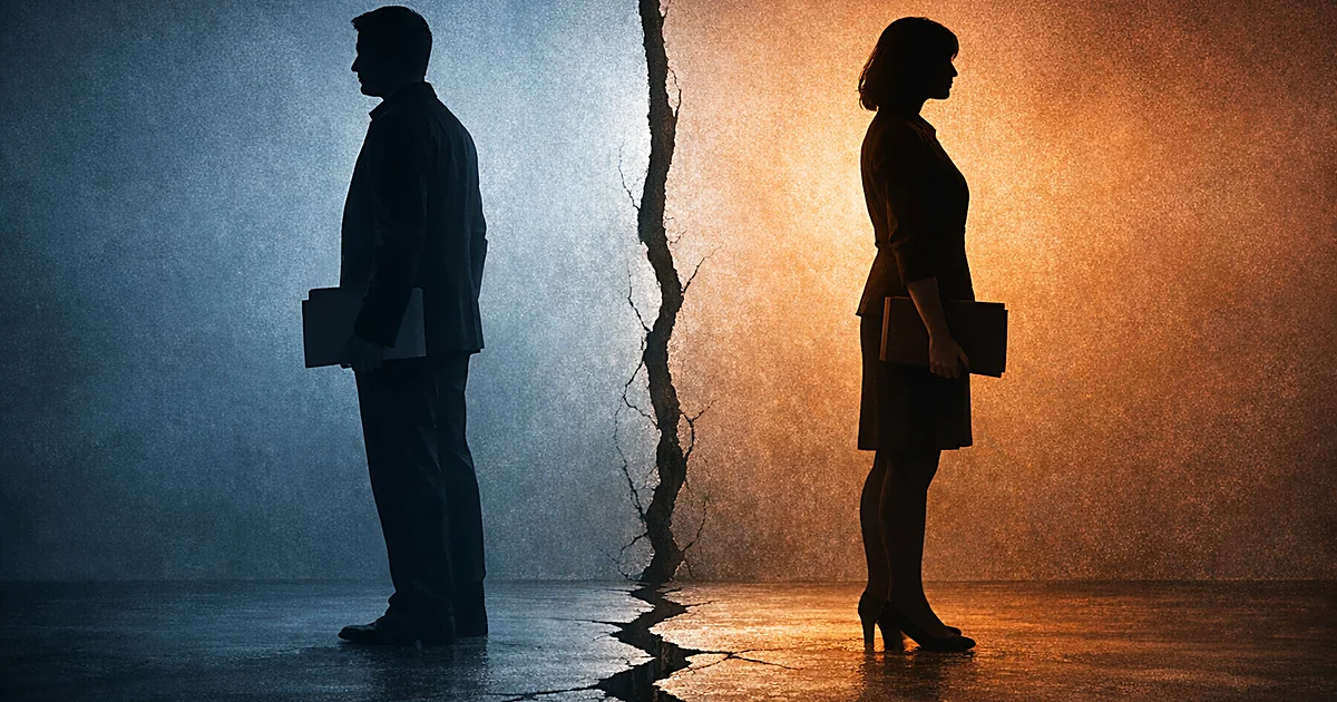 Two silhouettes stand back-to-back separated by a vertical divide, each holding documents, with contrasting lighting