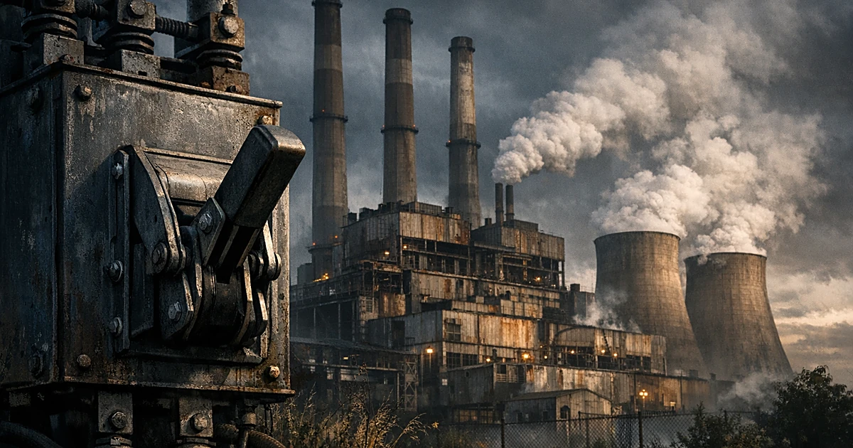 Aging coal power plant with smokestacks and cooling towers, industrial circuit breaker in foreground shown disconnected