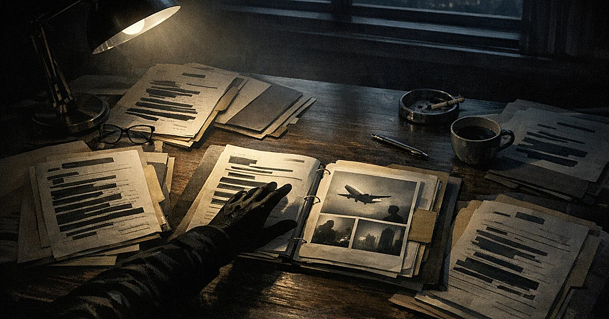 Overhead view of desk with classified documents and silhouetted hand reaching for briefing folder in dramatic lighting