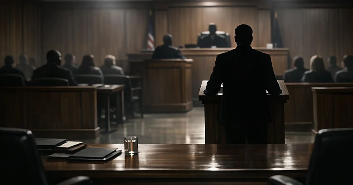 Silhouette of defense attorney standing at courtroom podium viewed from behind during heated preliminary hearing