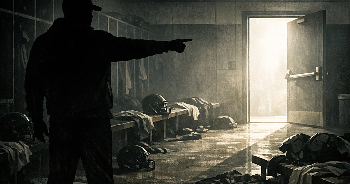 Silhouetted coach gesturing toward open door in empty locker room with abandoned football equipment on benches