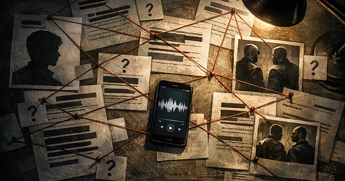 Overhead view of desk with phone showing podcast, papers with redacted text connected by red strings in conspiracy pattern