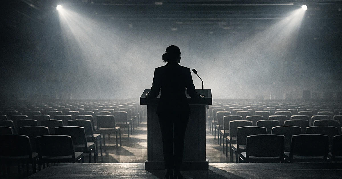 Silhouetted speaker at podium facing empty convention hall seats with dramatic stage lighting