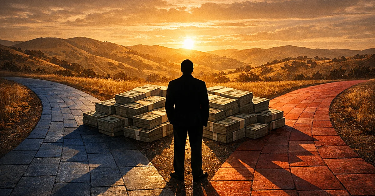 Silhouette at crossroads between blue and red paths with money stacks, California hills beyond