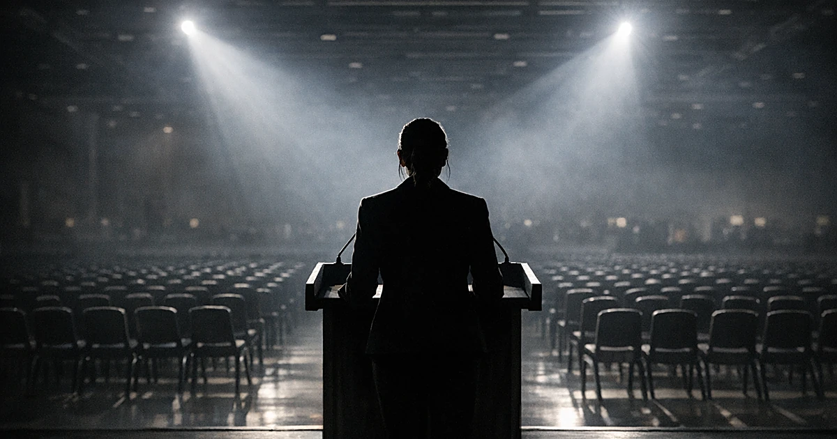 Silhouetted figure at podium on stage facing empty convention hall chairs with dramatic lighting
