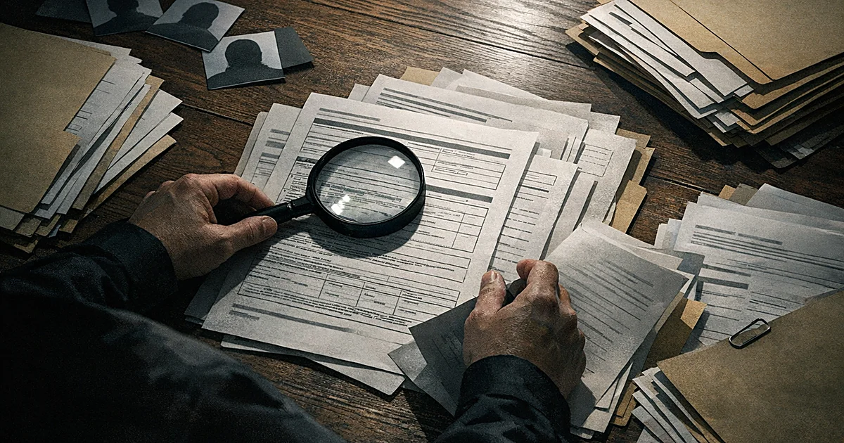 Overhead view of hands examining immigration documents on desk with magnifying glass under fluorescent light