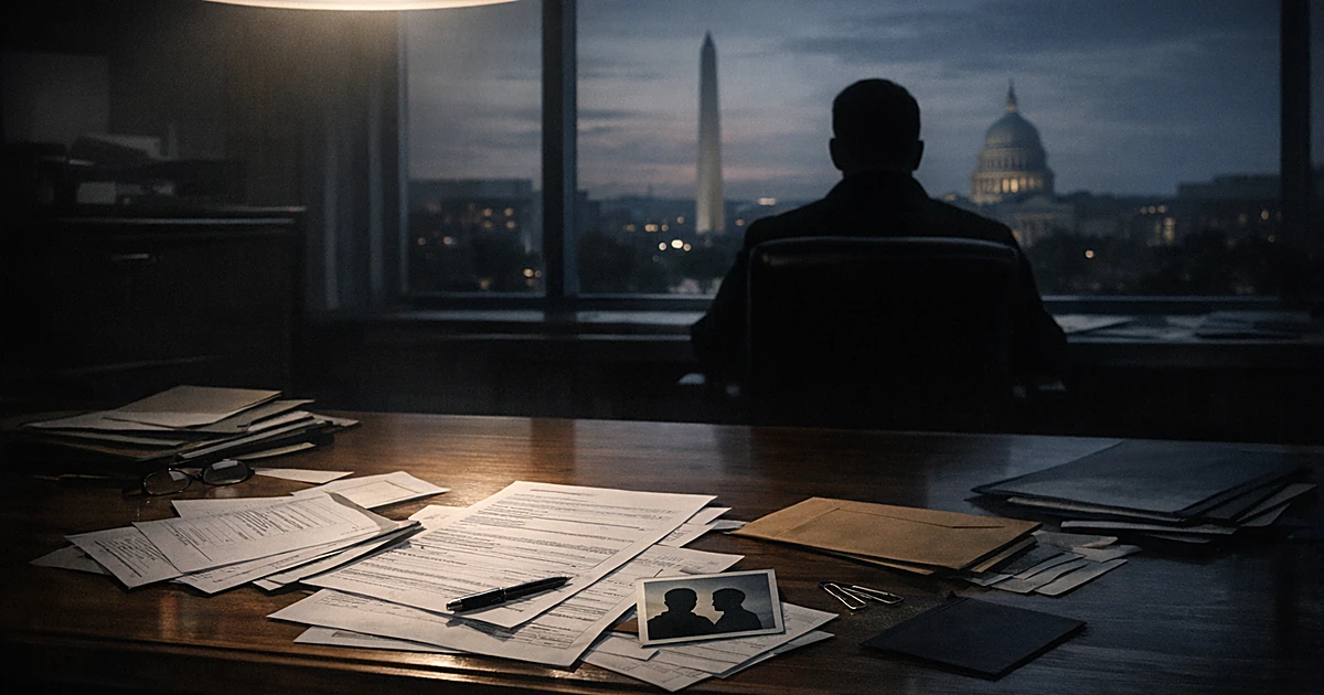Silhouetted official at desk with immigration documents in dimly lit government office overlooking city skyline