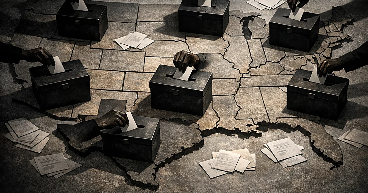 Overhead view of ballot boxes on a multi-state map with anonymous hands casting ballots amid scattered documents
