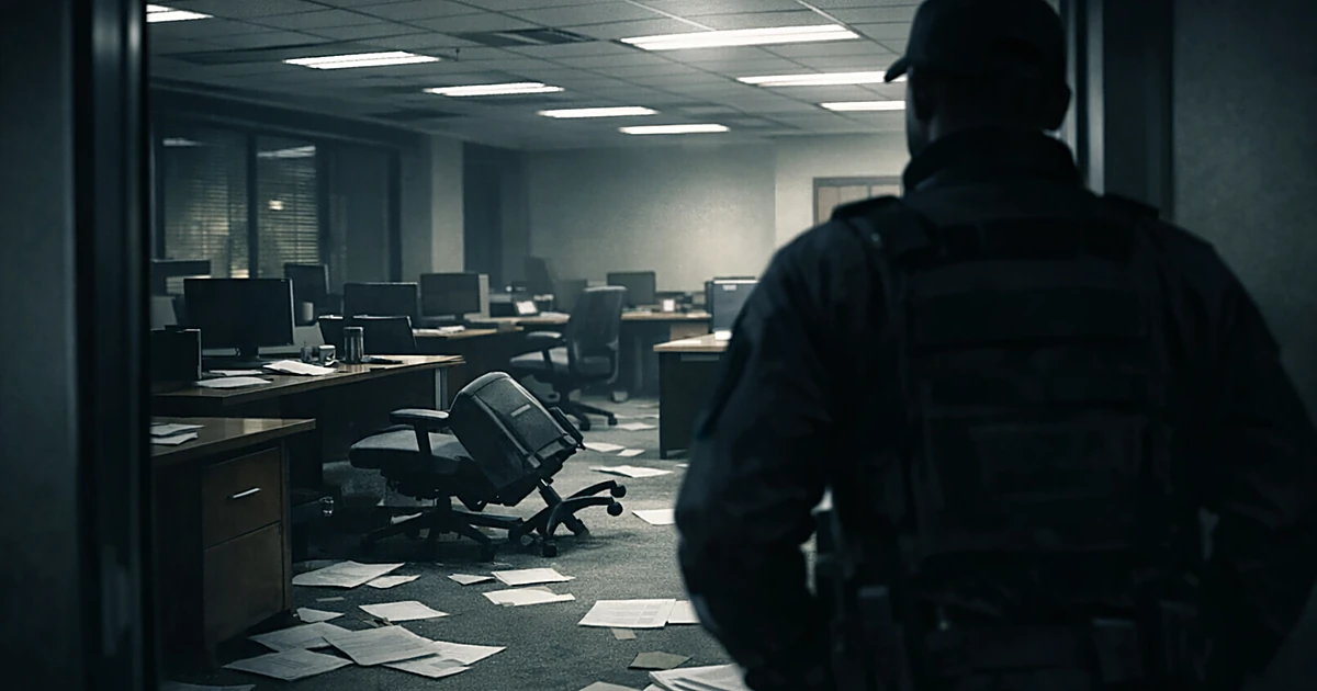 Empty office with overturned chairs and scattered papers, security guard silhouette in foreground observing abandoned workspa
