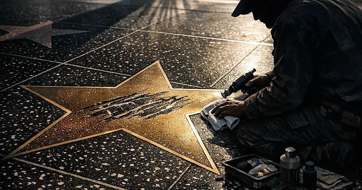 Scratched brass star on sidewalk with silhouetted worker kneeling to repair damage with polishing tools