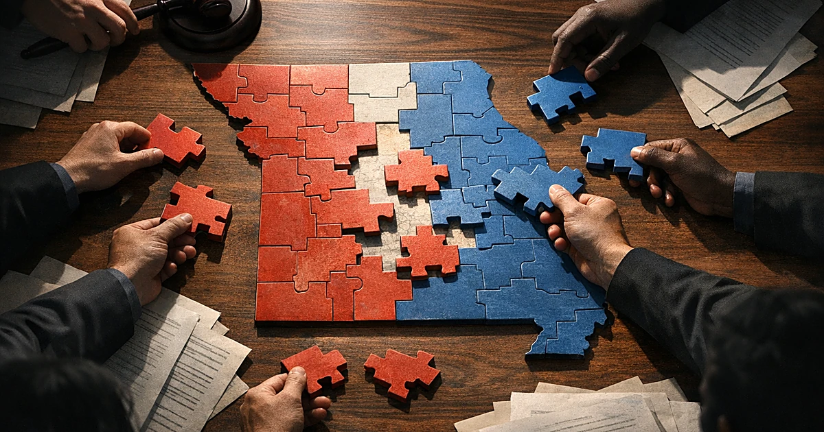 Hands rearranging puzzle-like district pieces on Missouri map with gavel, showing redistricting conflict