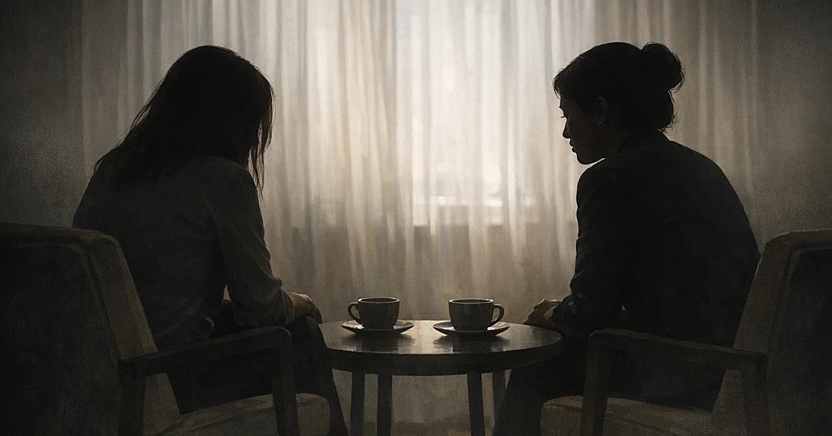 Two women in silhouette sitting in chairs having a quiet conversation in a softly lit room with morning light