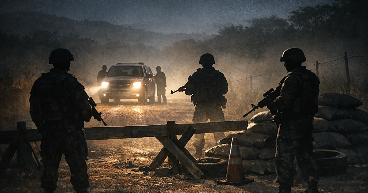 Nighttime military roadblock on remote dirt road with silhouetted soldiers and vehicle headlights in rural setting