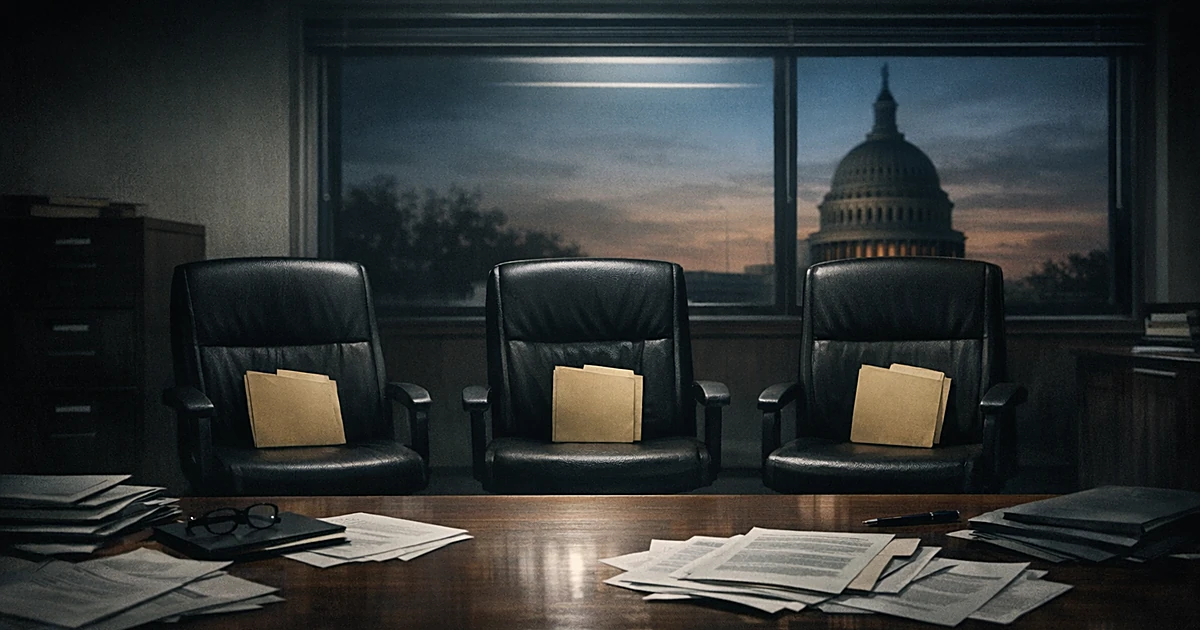 Empty office chairs with folders in a congressional office, Capitol dome silhouette visible through window