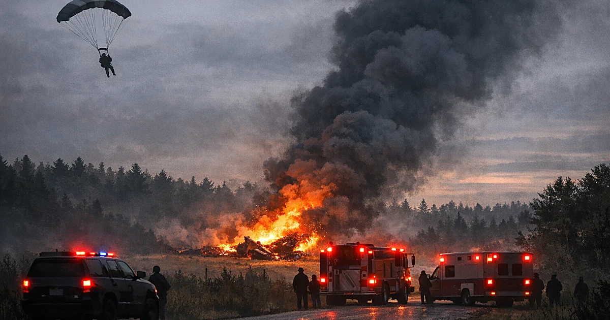 Parachute descending over rural landscape with fire and smoke rising from crash site as emergency vehicles approach