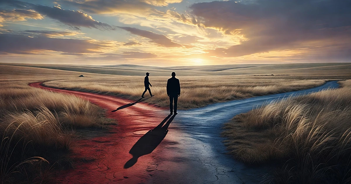 Silhouetted figures at crossroads with red and blue paths on Kansas prairie landscape