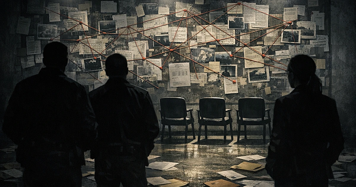 Silhouetted investigators examining evidence wall with documents and red strings connecting fraud investigation materials