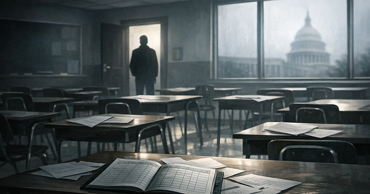 Empty classroom with vacant desks, scattered attendance records, and silhouetted figure in doorway