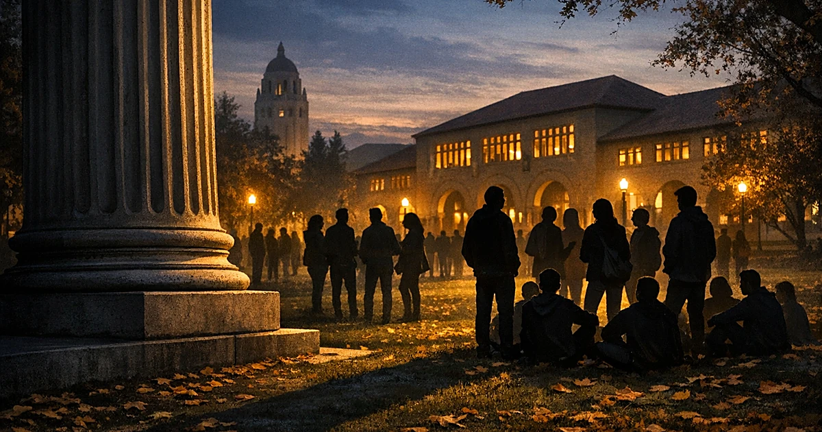 Silhouetted students on campus with courthouse column in foreground casting shadow toward them at dusk