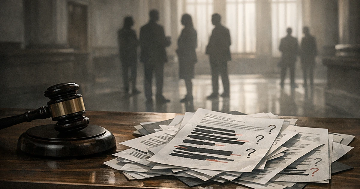 Judge's gavel on bench with scattered documents marked with question marks, silhouettes in background hallway