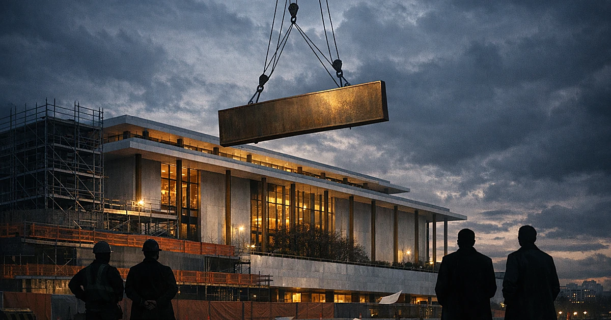 Nameplate being removed by crane from modernist concert hall building with construction barriers and silhouetted figures