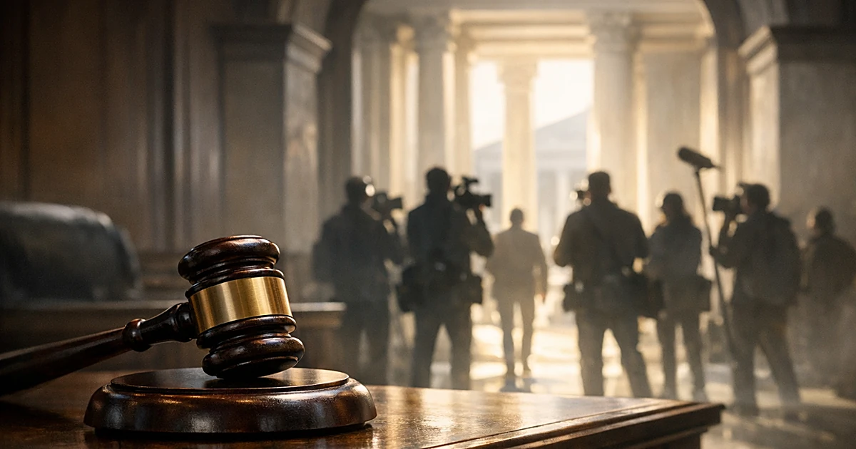 Gavel on bench with silhouettes of journalists with cameras entering columned building through lit doorway