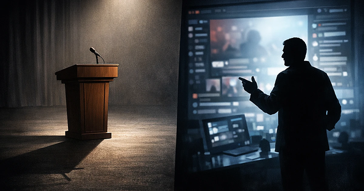 Empty political podium beside silhouetted figure at computer screen in spotlight, showing contrast between platforms