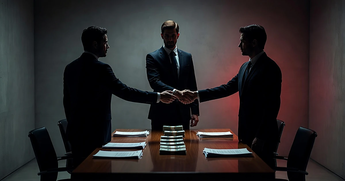 Silhouetted figures shaking hands across table with money, lit by contrasting blue and red light