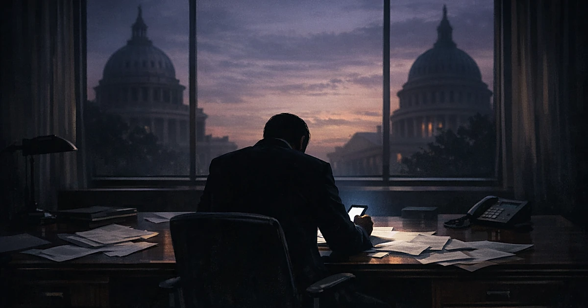 Silhouetted figure alone at desk with papers, two capitol domes visible through window in moody lighting