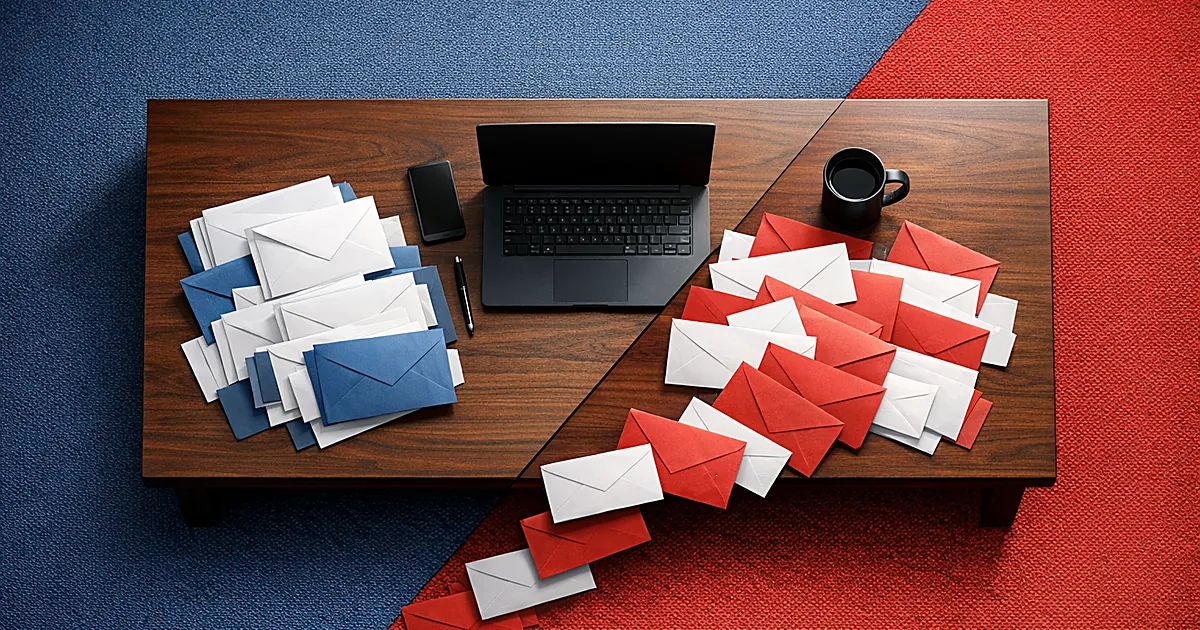 Desk at intersection of blue and red carpeted floors with mail envelopes crossing between sides