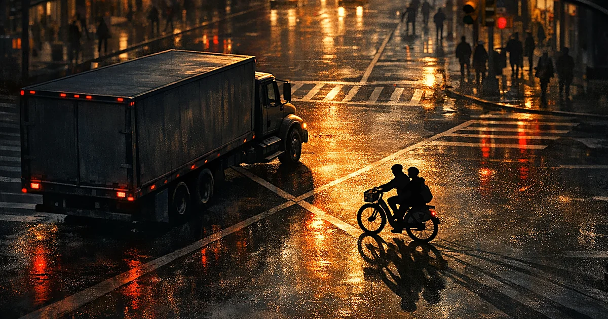 Aerial view of truck and bicycle silhouettes converging at urban intersection under streetlights at dusk