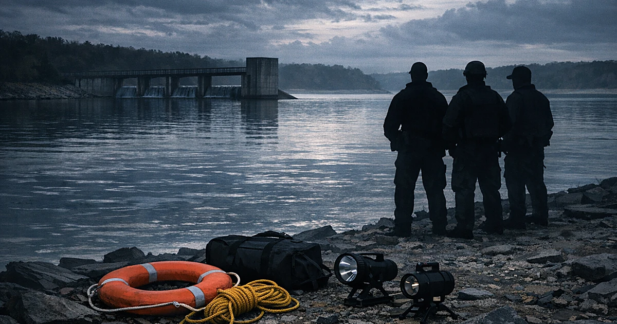 Emergency rescue equipment on reservoir shore with silhouetted first responders looking across dark water at dusk
