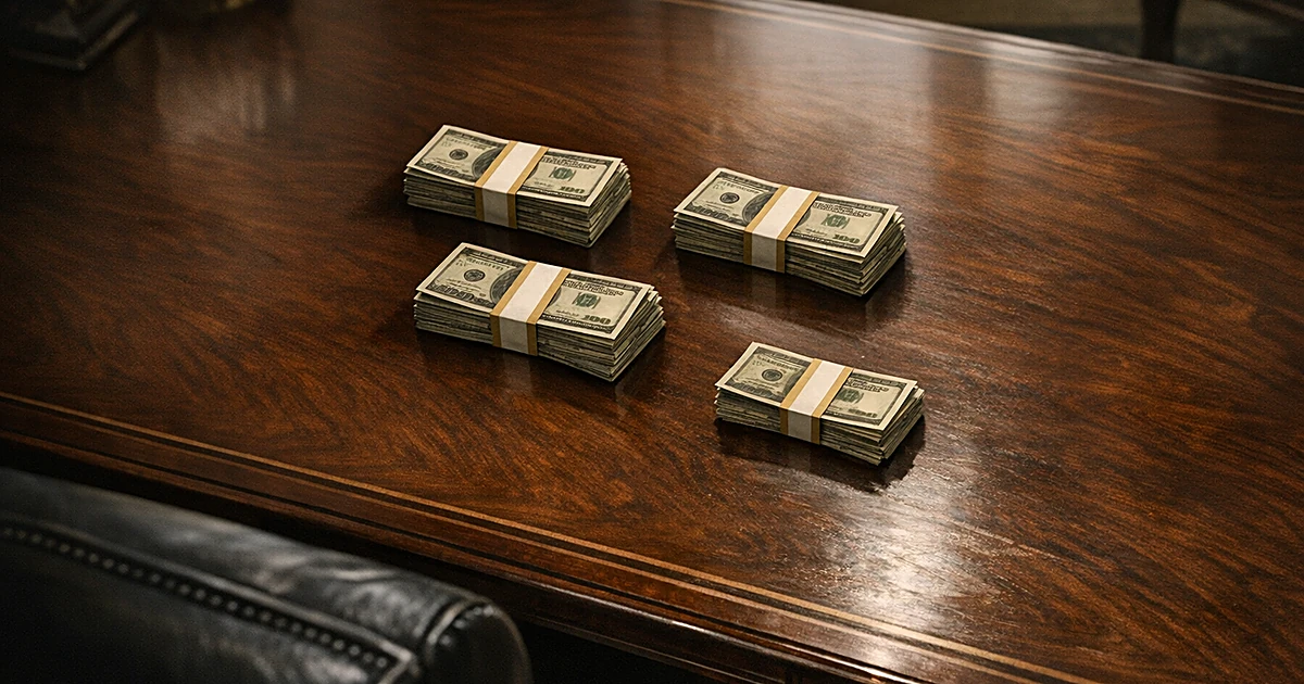 Four stacks of bundled cash sitting on a mahogany desk in an ornate office setting