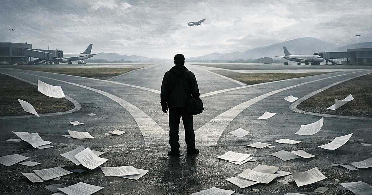 Silhouetted person at crossroads of three paths with official documents scattered on ground in overcast setting