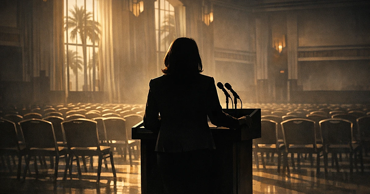 Silhouetted figure at podium addressing empty chairs in Miami hall with palm trees visible through windows
