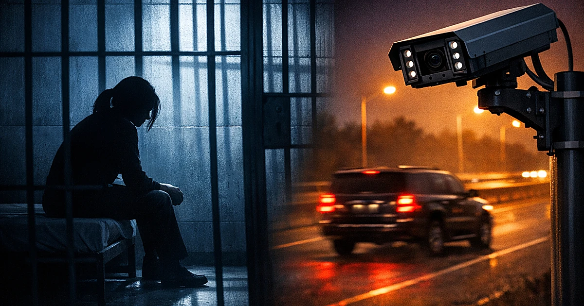 Silhouette in jail cell with automated license plate camera capturing vehicle on highway in foreground